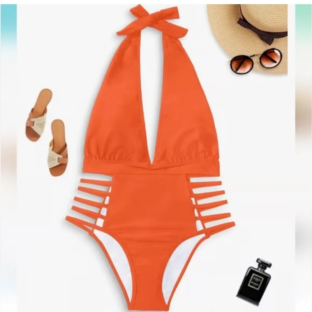One Piece Womens Bathing Swimsuit Orange Cutout Retro NWT Plus Size 18W